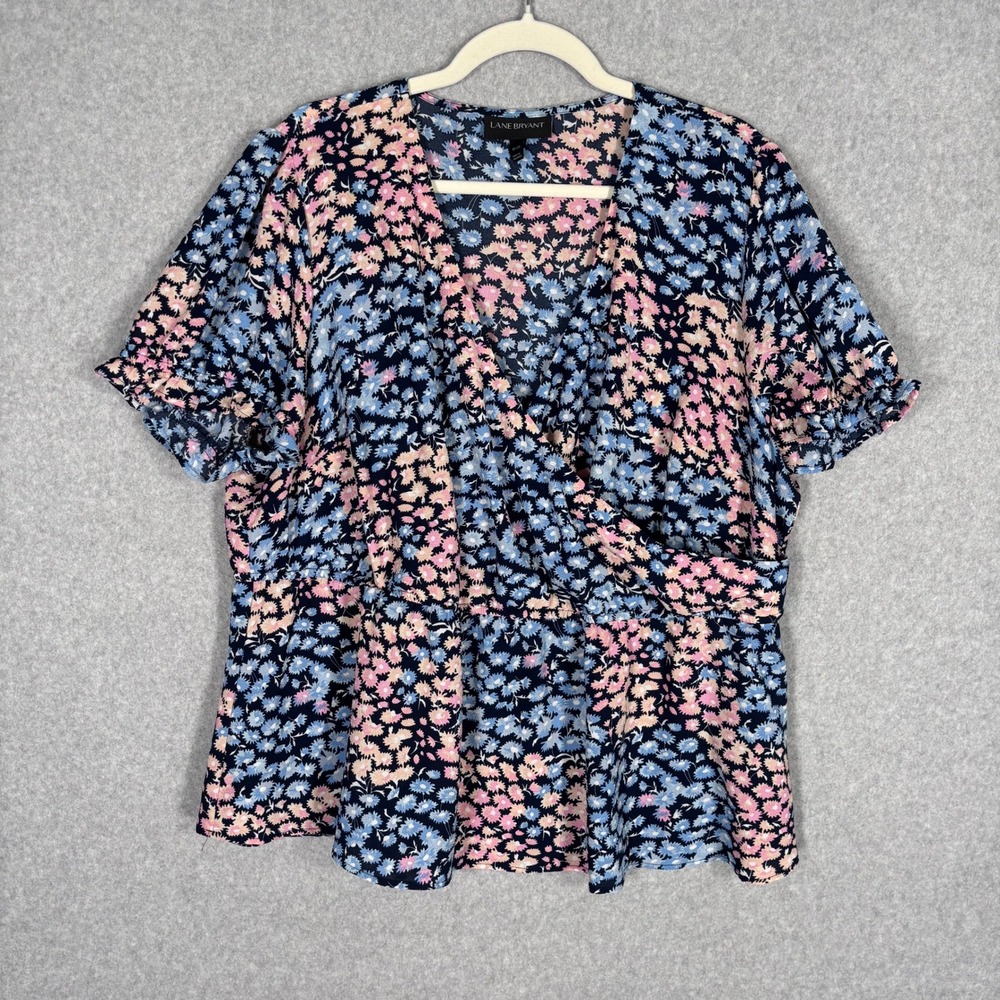 Lane Bryant Wrap Babydoll Blouse 18/20 Blue‎ Pink Floral Peplum Puff Feminine